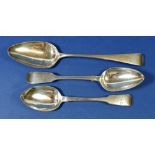 A Georgian silver tablespoon London 1813, a dessert spoon London 1822 and another London 1842, 139 g