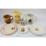 Two bar jugs for Black & White Whisky and Bells plus nursery china etc.