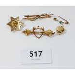 Three 9ct gold bar brooches, a heart from charm and a yellow metal star brooch, a/f