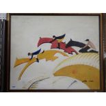 Mickel Laen - acrylic copy on canvas of an Art Deco steeplechase painting by Sybil Andrews 50 x 60cm
