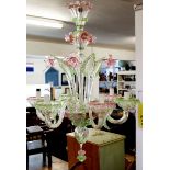A large and decorative Murano glass chandelier with pink flowers and green foliage, 90cm drop