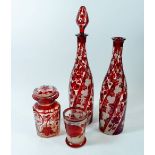 A group of 19th century Bohemian red flashed glass including decanters