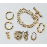 Four various gold earrings, 1.1g, two gold plated necklaces and a pendant