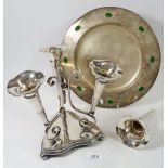 A silver plated epergne a/f and an Arts & Crafts style plate (modern)