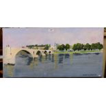 Christopher Jarman - acrylic on canvas - bridge over river 'Sur Le Pont' D'Avignon, 39 x 81cm