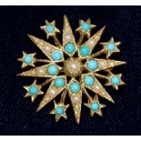 A 9 carat gold star form brooch set turquoise and seed pearls, 7.5g, 3cm diameter