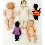 Five various vintage early plastic or composition small dolls