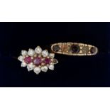 A 9 carat gold ruby and white stone oval cluster ring and a 9 carat gold sapphire and diamond
