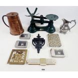A 19th century copper flagon, kitchen scales and other metal ware