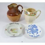 A 1930's Masons jug, a Doulton Harvest jug, a baby's plate and a Coalport Blue Dragon saucer