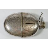 A Victorian silver plated large oval hip flask with engraved decoration, 16.5cm, chain a/f