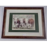 A coloured print of cows by Lucinda Lewis, 18 x 26cm