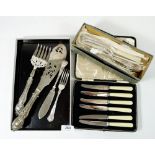 A silver plated fish cutlery set, a pair of fish servers and a boxed set of tea knives