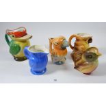 Five Art Deco comical bird form jugs