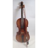 An antique violin with lion head scroll, signed, 14" back, Richard Duke and bow in coffin case