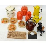 A large box of various vintage kitchenware including a Spong coffee grinder, various enamel