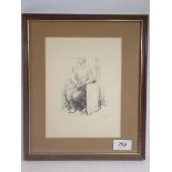 A print after Henry Moore of a seated woman 20 x 15cm