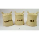 A set of three Rye pottery Leo Bonassera sack form storage jars comprising: tea, coffee & sugar,