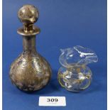 A white metal clad glass scent bottle stopper a/f and a similar posy vase