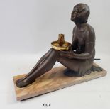 An Art Deco bronze finish plaster table lamp on 'marble' base with seated lady