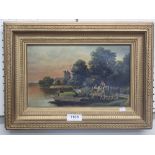 An early 20th century naive oil on canvas depicting a river scene with figures in a gilt frame, 16 x