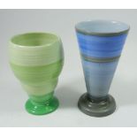 A Shelley Harmony Ware blue banded conical vase and a green bulbous vase