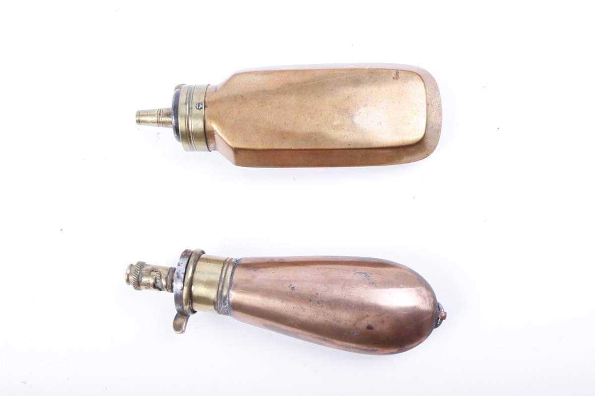 Copper and brass bag shaped pistol powder flask with suspension ring by G & J W Hawksley and one - Image 2 of 2