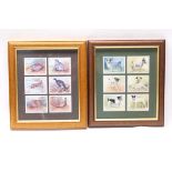 Two framed and glazed sets of six cigarette cards depicting Game Birds and Terriers, 10 x 9 ins