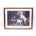 Framed and glazed mono coloured print: Terriers and Cat, by Lucy A Leavers, 25 x 19 ins