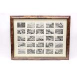 Framed and glazed set of 25 cigarette cards depicting Hunting, Coursing and Shooting, 23 x 17 ins