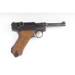Ⓕ (S5) 9mm Para Luger P08 semi-automatic pistol dated 1917, manufactured by DWM, chequered wood
