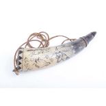 Powder horn with scrimshaw 'Woody Fort George'