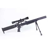 .22 Gunpower Stealth PCP air rifle with moderator, mounted 3-9 x 40 Tasco scope, and bipod, no.