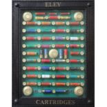 Eley Cartridges: framed and glazed cartridge case display board, 20 ins x 26 ins