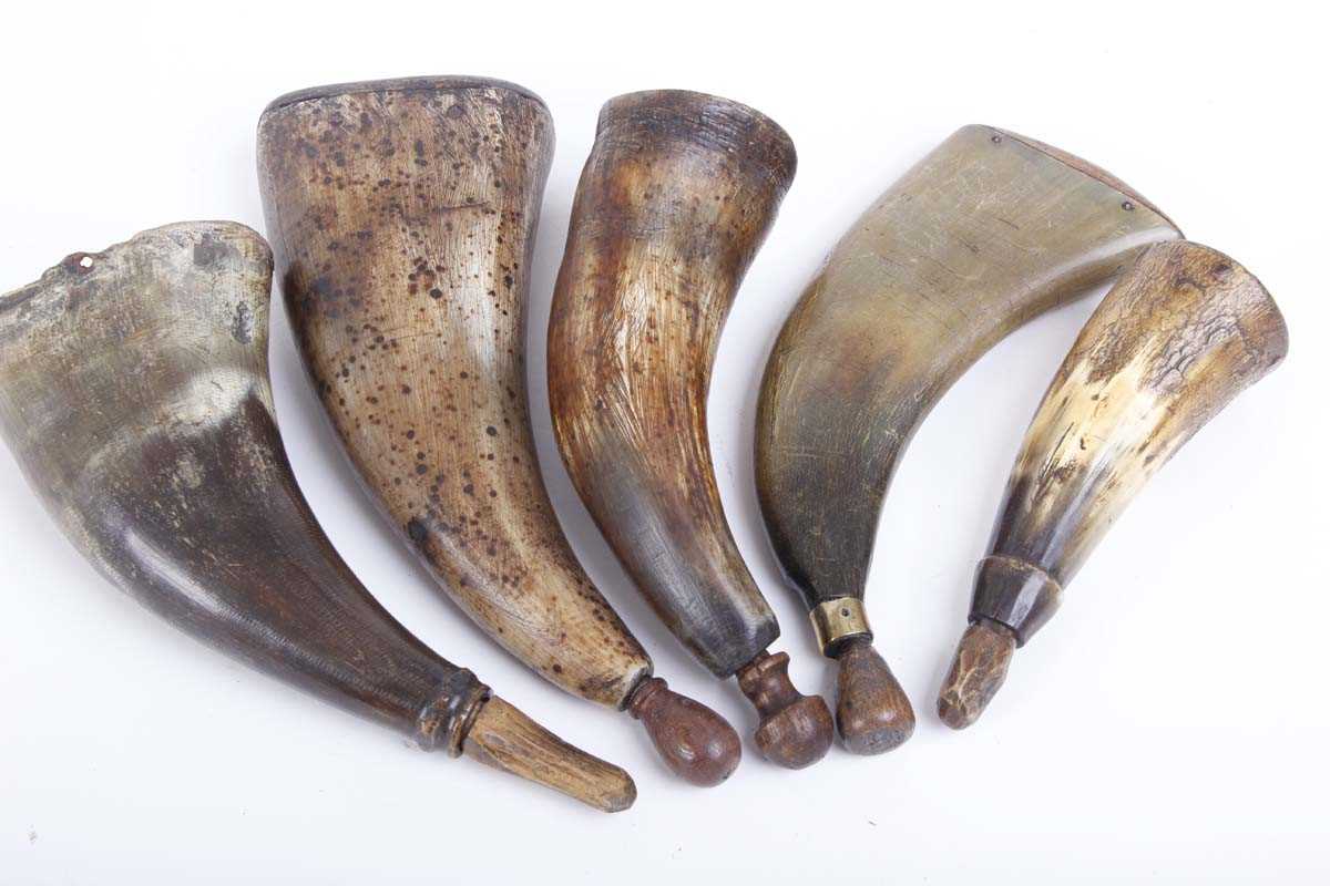 Five various sized horn powder flasks - Image 2 of 3