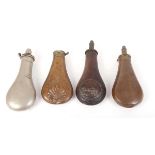 Two Sykes powder flasks, Frith powder flask, and a J.P. Cutts powder flask (4)Cutts flask missing