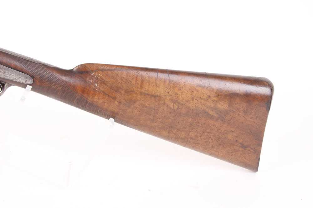 A 12 bore pinfire double sporting gun by W & J Kavanagh (Dublin), brown damascus barrels, engraved - Image 5 of 7