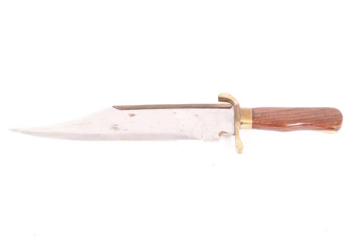 Alamo type bowie knife, 13 ins brass-backed blade, brass guard, wood grips, in leather sheath - Image 2 of 3