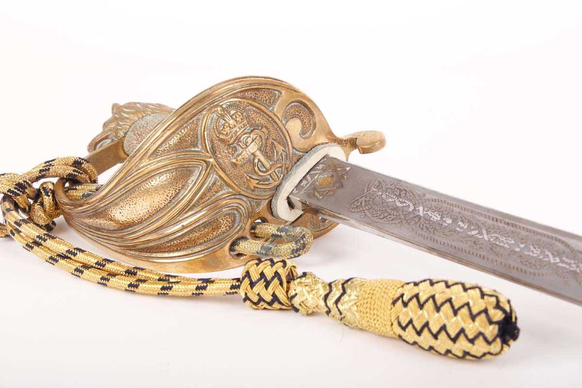 +VAT Modern British 1827 Pattern Royal Navy officer's sword, 31 ins etched blade, gilt hilt with