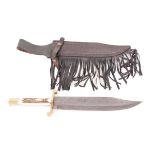 Valley Forge Damascus steel bowie knife, 11 ins blade, brass guard, horn grips, brass pommel, in