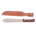 Italian bolo knife, 10 ins blade stamped Whitby, studded wood grips, in leather sheath, overall