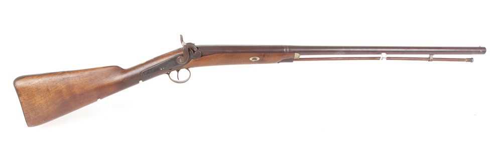 (S58) 12 bore English percussion sporting gun, 30 ins part-octagonal barrel, half stocked with