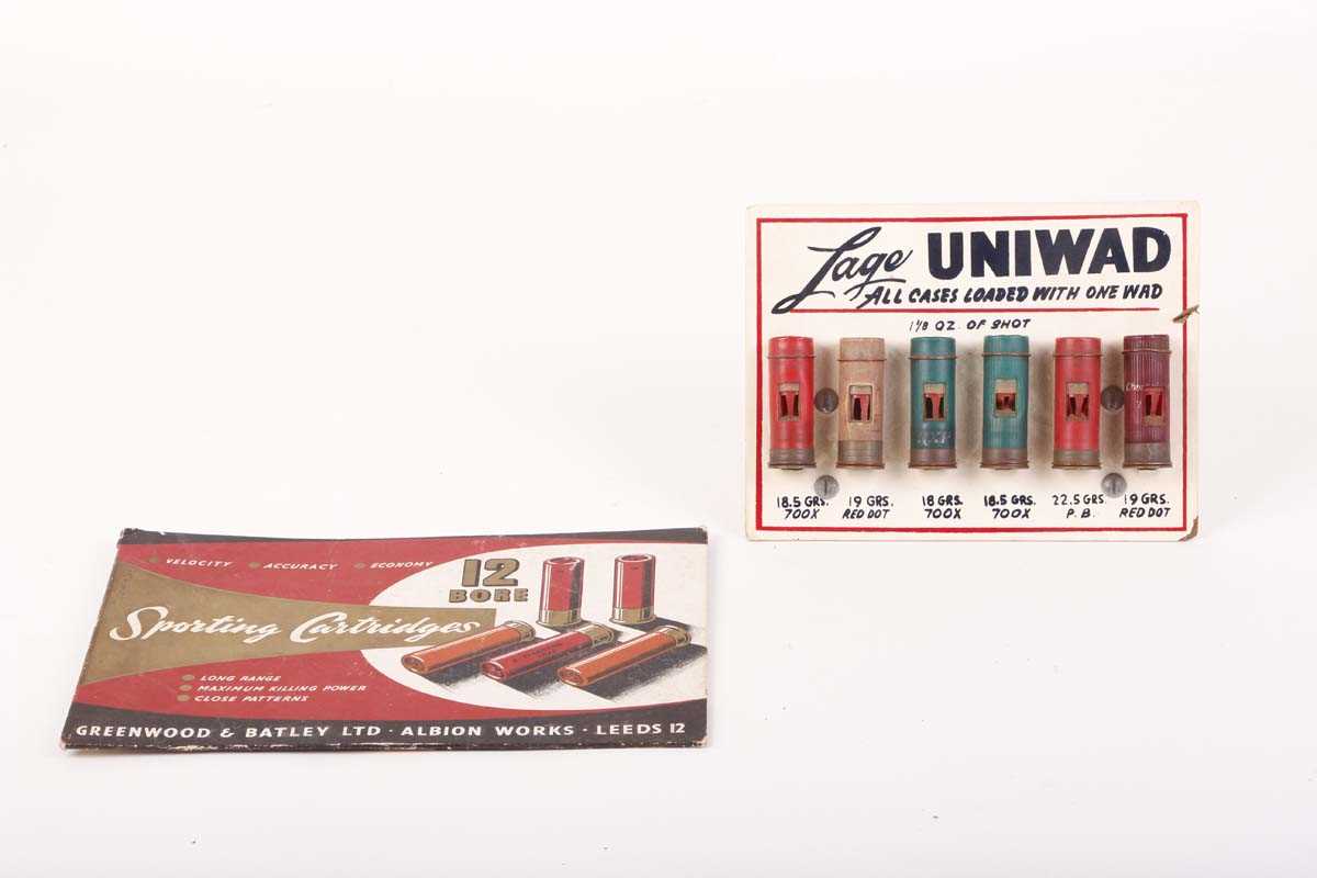 A Lage Uniwad vintage cartridge display, together with card display sign for Greenwood & Batley