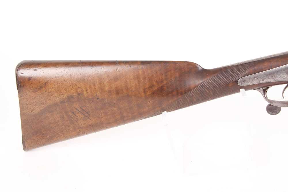 A 12 bore pinfire double sporting gun by W & J Kavanagh (Dublin), brown damascus barrels, engraved - Image 2 of 7