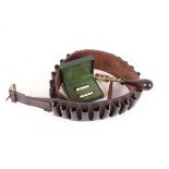 20 bore brown leather cartridge belt, 20 bore chamber cleaning brush, and boxed pair Conway 20