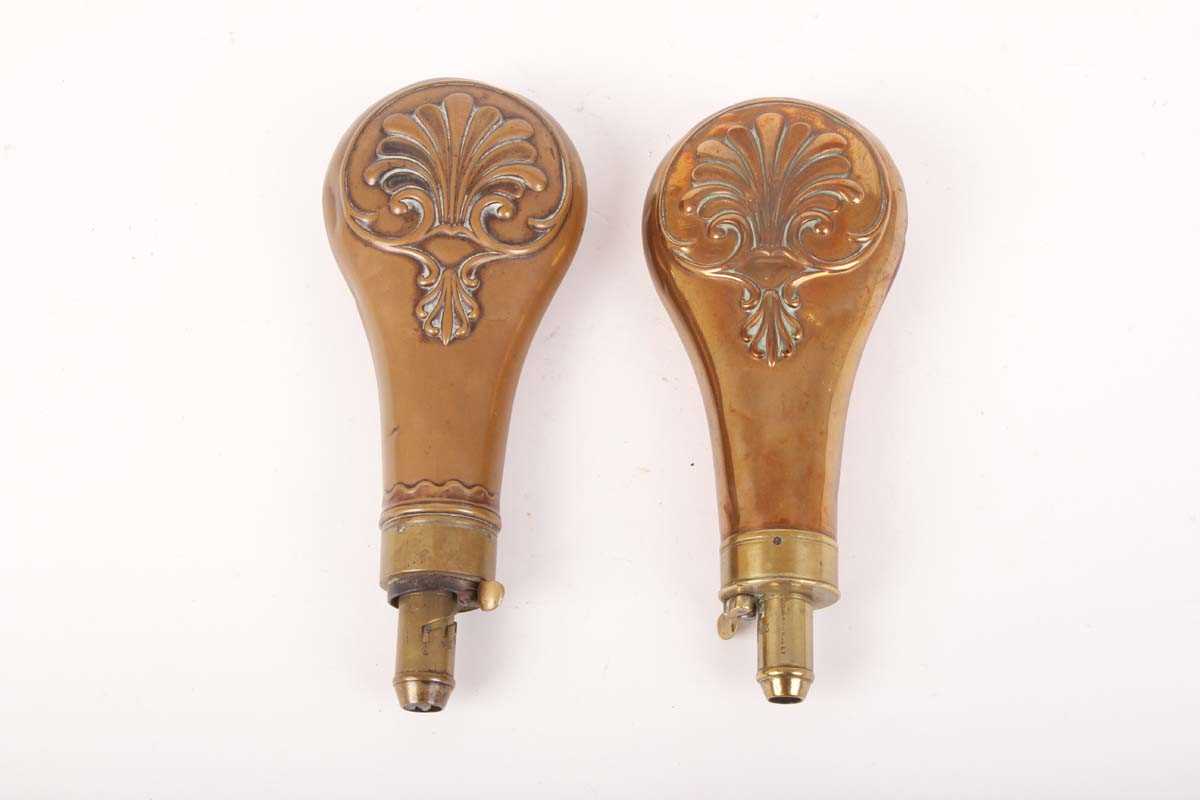 Two copper and brass powder flasks by G & J W Hawksley & Sons with embossed scroll decoration - Image 2 of 3
