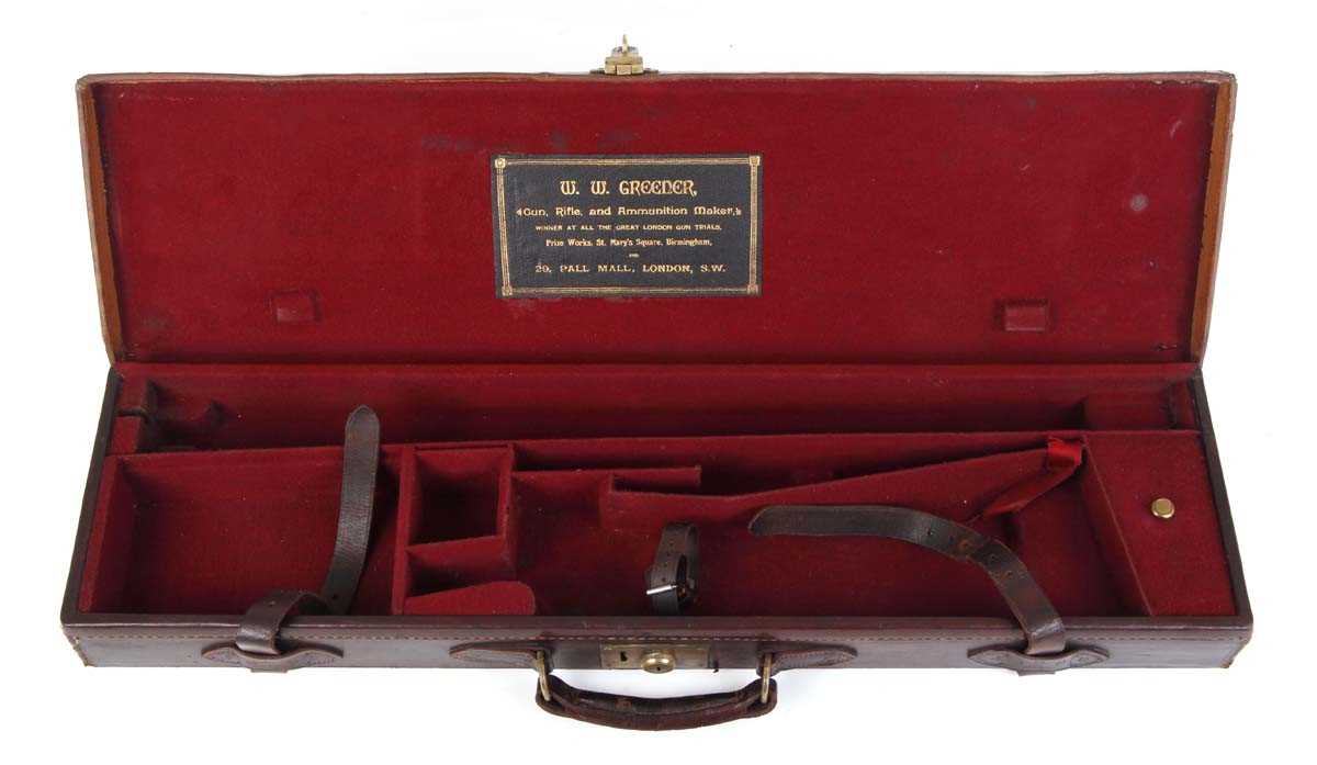 A good leather gun case with claret baize lined fitted interior for 30 ins barrels, W. W. Greener - Image 2 of 3