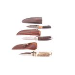 Western States knife, 4 ins blade, in leather sheath; Damascus knife, 4 ins blade, ebonised wood