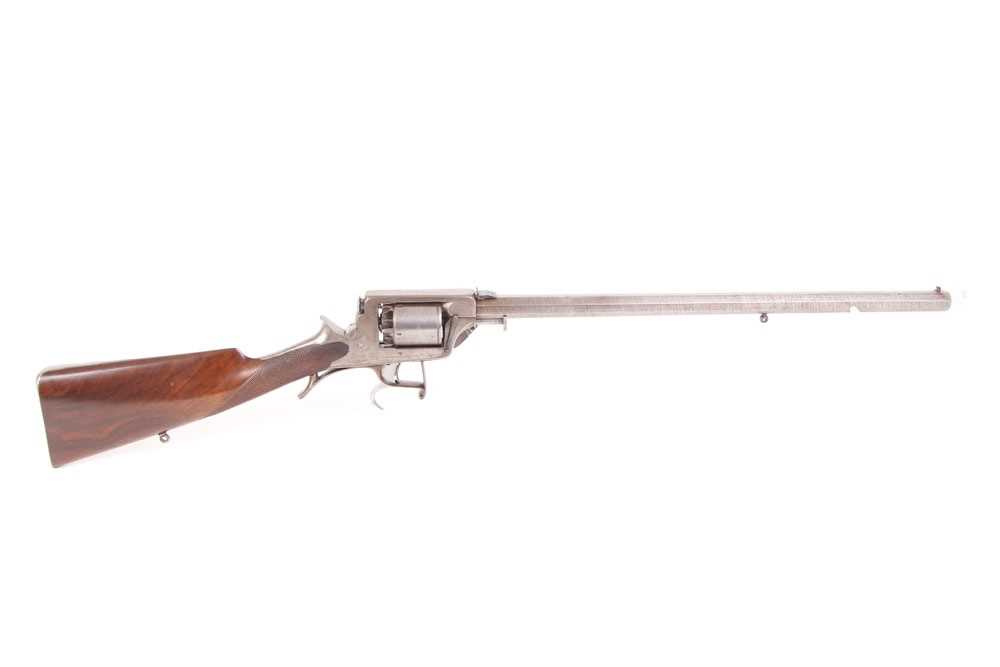 (S58) 32 bore William Tranter's Patent Double Trigger Percussion Revolving Rifle, 21 ins brown