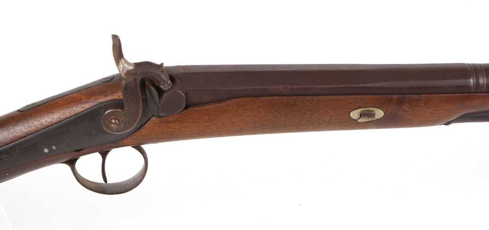 (S58) 12 bore English percussion sporting gun, 30 ins part-octagonal barrel, half stocked with - Image 3 of 6